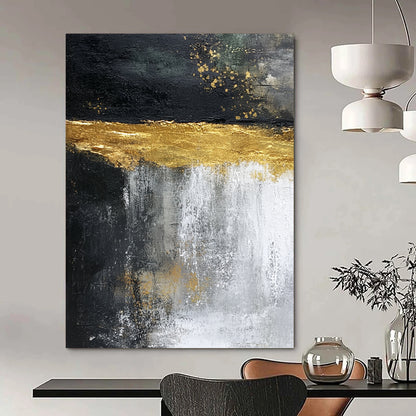 Contemporary hand-painted abstract artwork featuring cascading water, vibrant light yellow glaze, and dark rock contrasts, evoking natural beauty in dynamic movement. DLZ1208