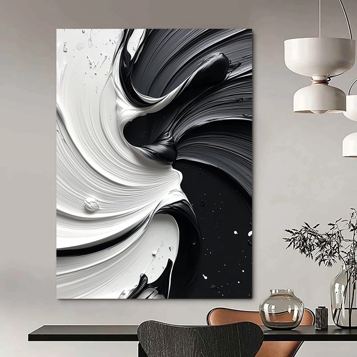 Large contemporary abstract painting featuring a dynamic swirl of white and black paint that enhances depth and elegance in any space. DLZ1476