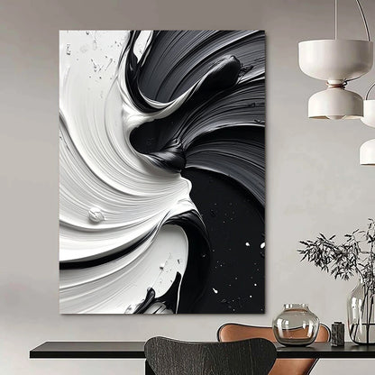 Large contemporary abstract painting featuring a dynamic swirl of white and black paint that enhances depth and elegance in any space. DLZ1476
