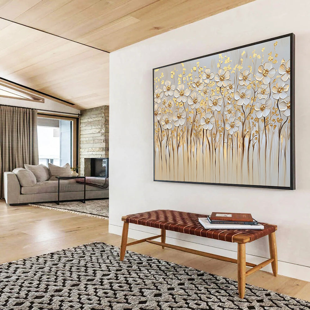 “Gold - Accented White Flowers” - White, Gold, Beige, Textured White Flowers with Gold Details - Impasto Oil Painting HB1781
