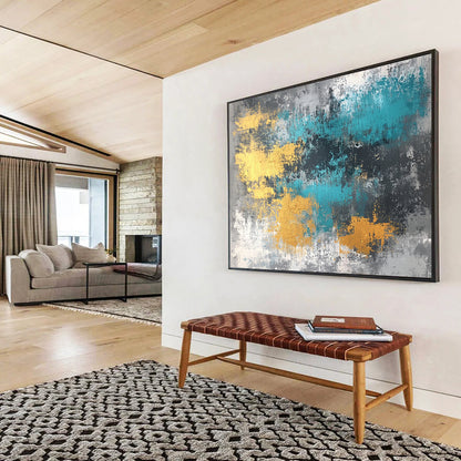 “Gold Teal Gray Abstract Textures” - Gold, teal, gray; Abstract with textured brushstrokes HB1286