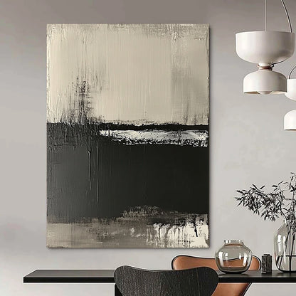 Contemporary hand-painted abstract artwork on textured canvas featuring neutral tones and a striking black-and-white horizon landscape. DLZ0679