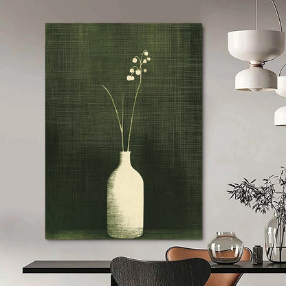 Large contemporary abstract artwork featuring lily of the valley in a textured monochrome design with a dark green background and simple vertical lines. DLZ1589