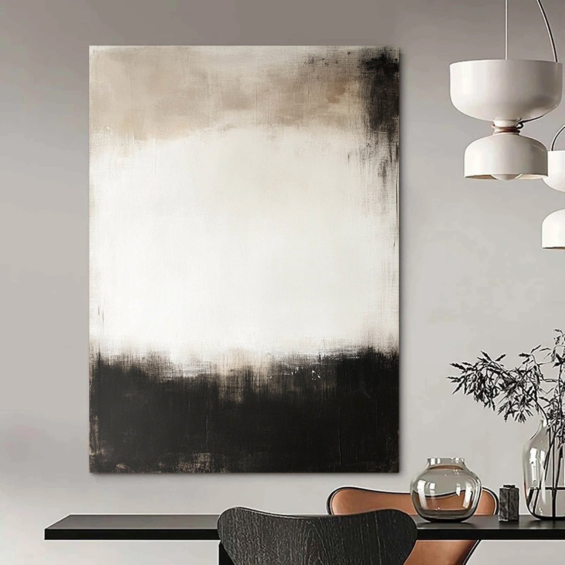 Contemporary abstract painting featuring a large central white space surrounded by dark gray and black tones creating a calm and mysterious atmosphere. DLZ0548