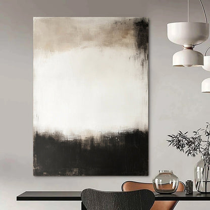 Contemporary abstract painting featuring a large central white space surrounded by dark gray and black tones creating a calm and mysterious atmosphere. DLZ0548