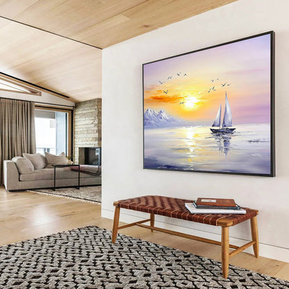 “Sailboat Under Mountain Sunset” - Oranges, Yellows, Purples, Sailboat, Mountains, Birds - Impasto Oil Painting HB1736