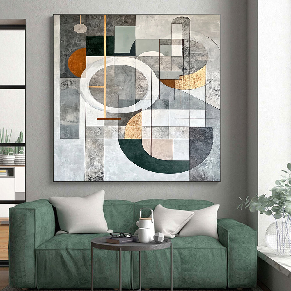 Gray, Yellow, White, Black and Beige Geometric Abstraction "Sunny Geometry" Painting On Canvas HB387