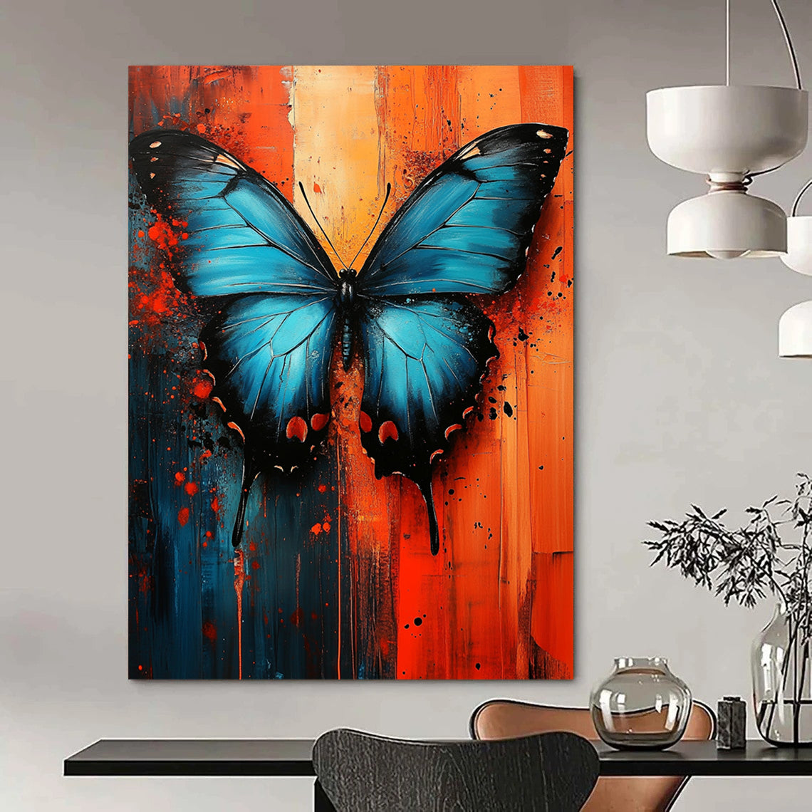 Contemporary abstract art features a blue butterfly on a vibrant red and orange textured background, capturing urban energy through dynamic oil paint strokes. DLZ1155