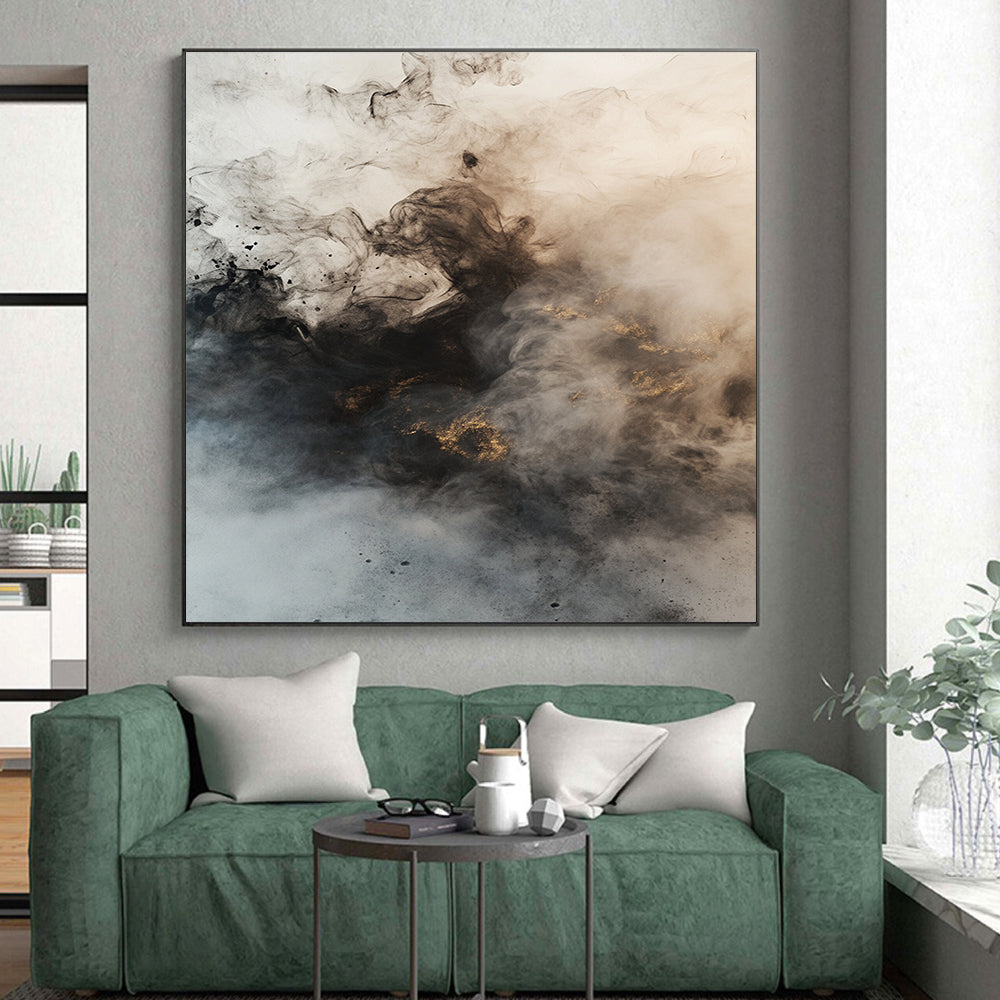 Black, Gray, White, Gold, Smoke - like Swirls "Mystic Mist" Abstract Ink - Inspired Painting On Canvas HB042