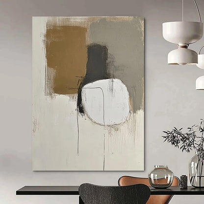 Contemporary hand-painted abstract artwork featuring minimalist design in neutral whites and grays with brown accents showcasing thin lines and simple shapes. DLZ0425