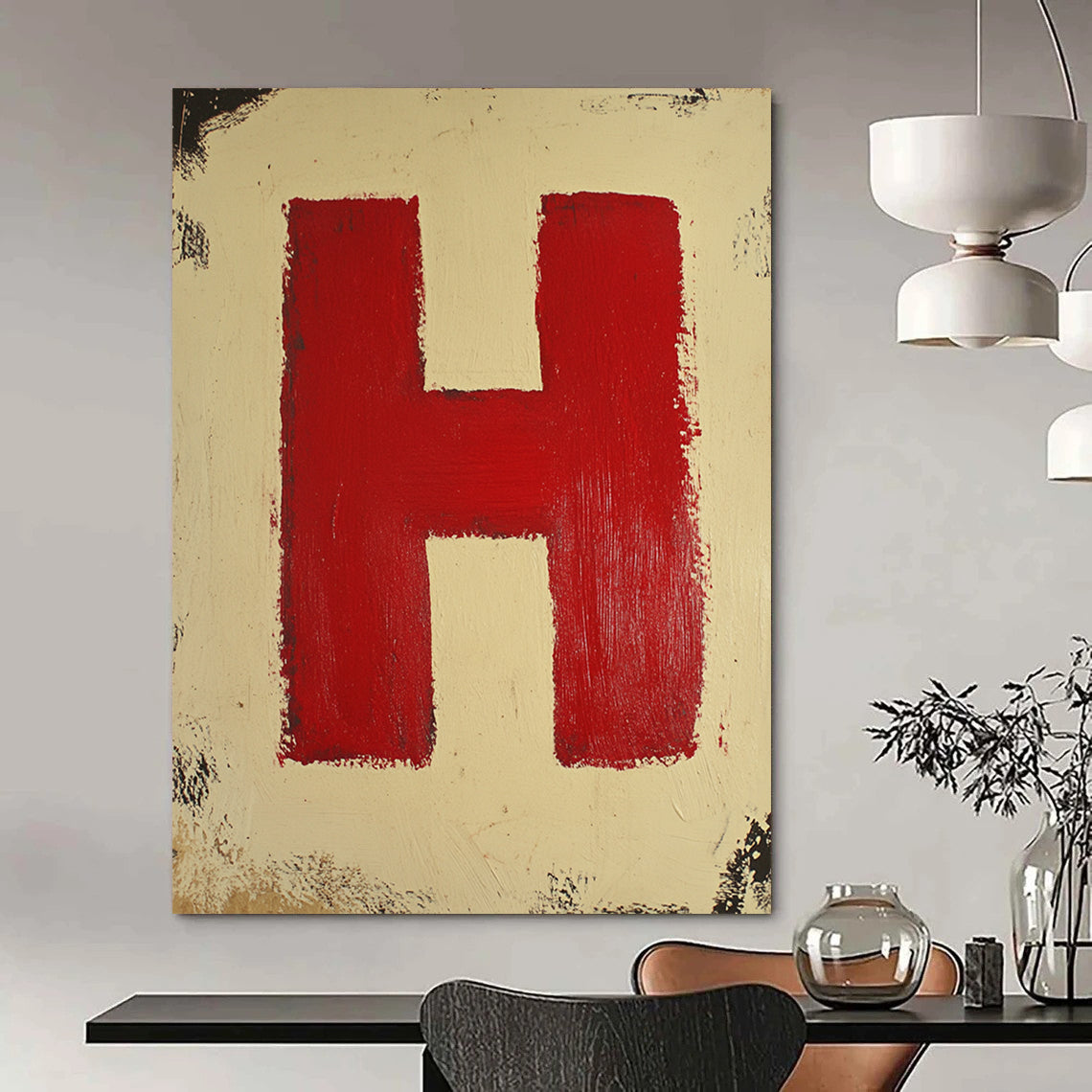 Contemporary abstract painting featuring a red square on a cream background with a striking red letter H at the center. DLZ1695