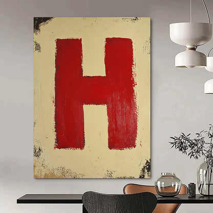 Contemporary abstract painting featuring a red square on a cream background with a striking red letter H at the center. DLZ1695