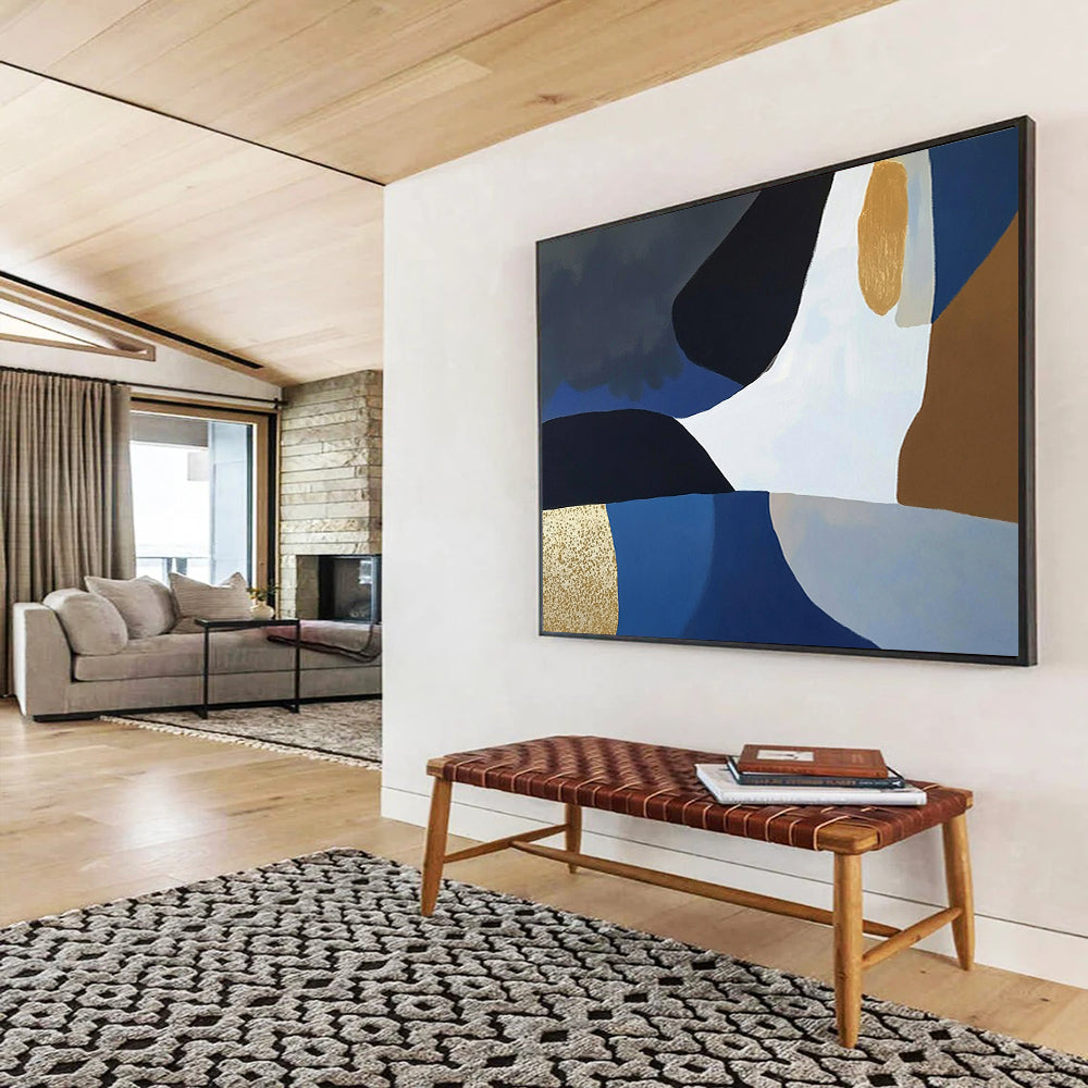 “Blue - Black - Gold Geometric Abstract” - Modernist Painting On Canvas HB0514