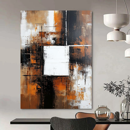 Contemporary hand-painted abstract artwork features a brown and white background with color blocks, a central white square, dark orange accents, and neutral tones. DLZ0701