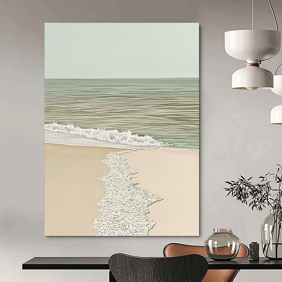 Contemporary abstract painting showcases a detailed watercolor seascape with a sandy edge in soothing beige and light green tones. DLZ1444