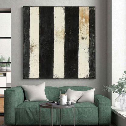 Black, White, Beige, Stripes "Vintage Striped Relic" Abstract Textured Painting On Canvas HB170