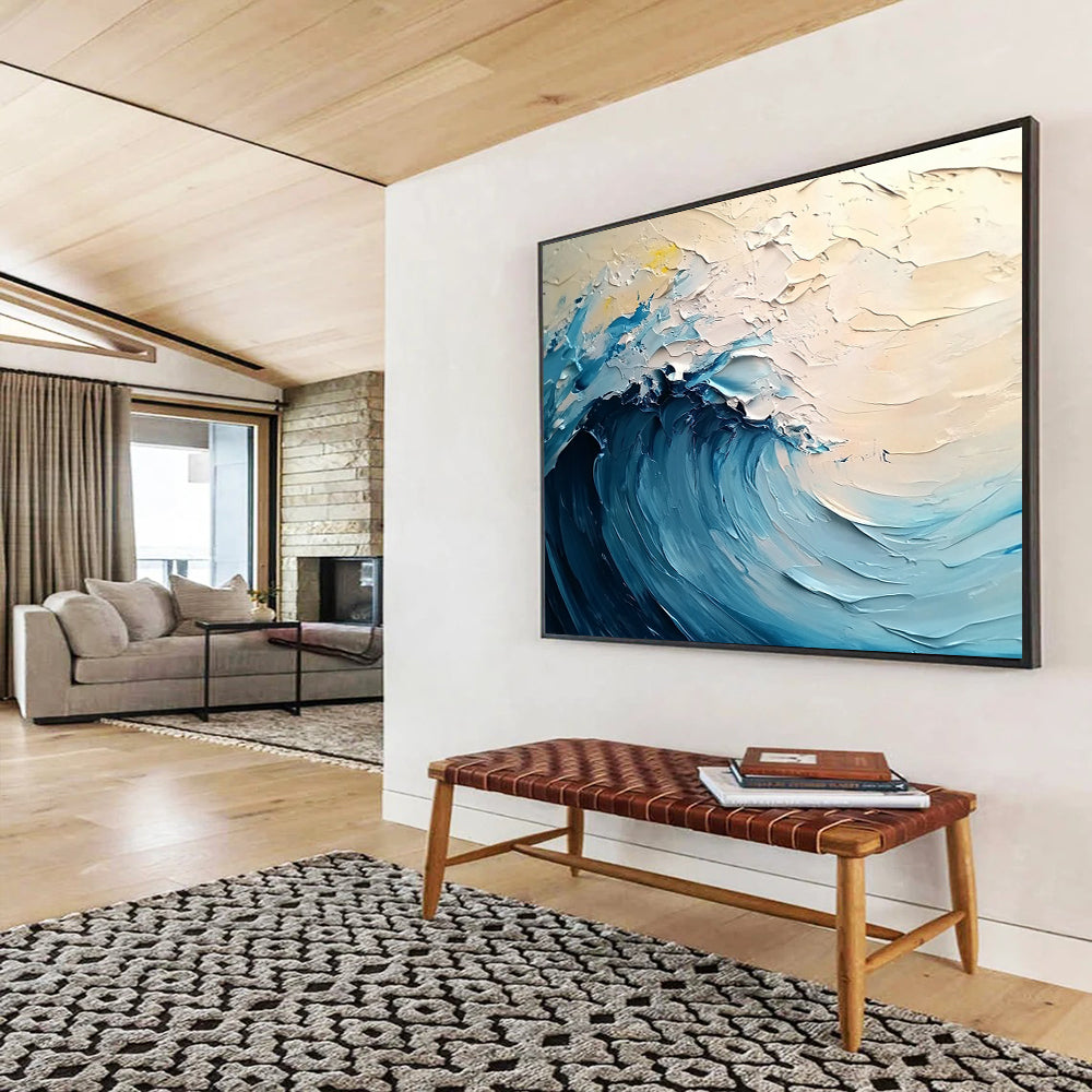 Impasto Blue Wave on Light Background - Coastal Impressionist Painting On Canvas HB0505