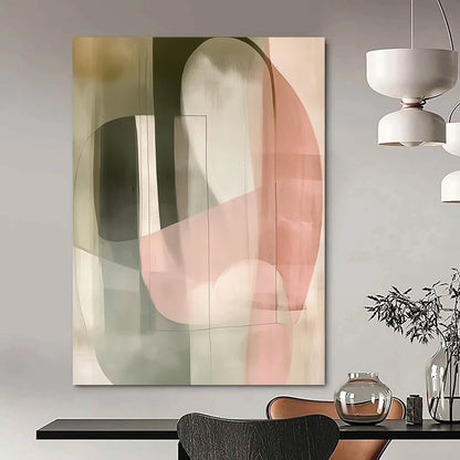 Large contemporary hand-painted abstract artwork featuring pastel colors simple shapes soft lighting and double exposure effects. DLZ1601