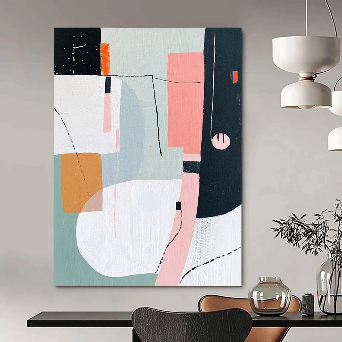 Contemporary hand-painted abstract art featuring shapes and lines in pink white grey green orange and black with a figure wearing headphones. DLZ0995