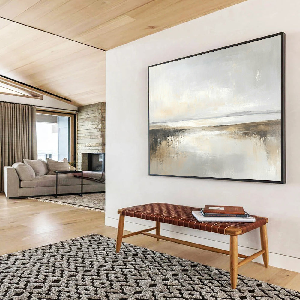 “Soft Gray Coastal Reflection” - Gray, Beige, Subtle Reflections, Minimalist Landscape Painting On Canvas HB0904