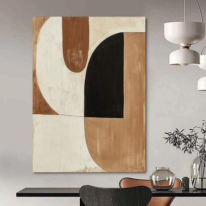 Large contemporary hand-painted abstract artwork featuring minimalist shapes in earth tones and a striking black shape. DLZ1135
