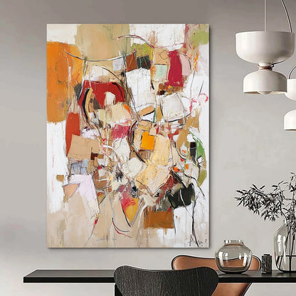 Contemporary abstract painting conveying life's chaos with textured elements in neutral tones of red, yellow, green, white, brown, and beige. DLZ1000