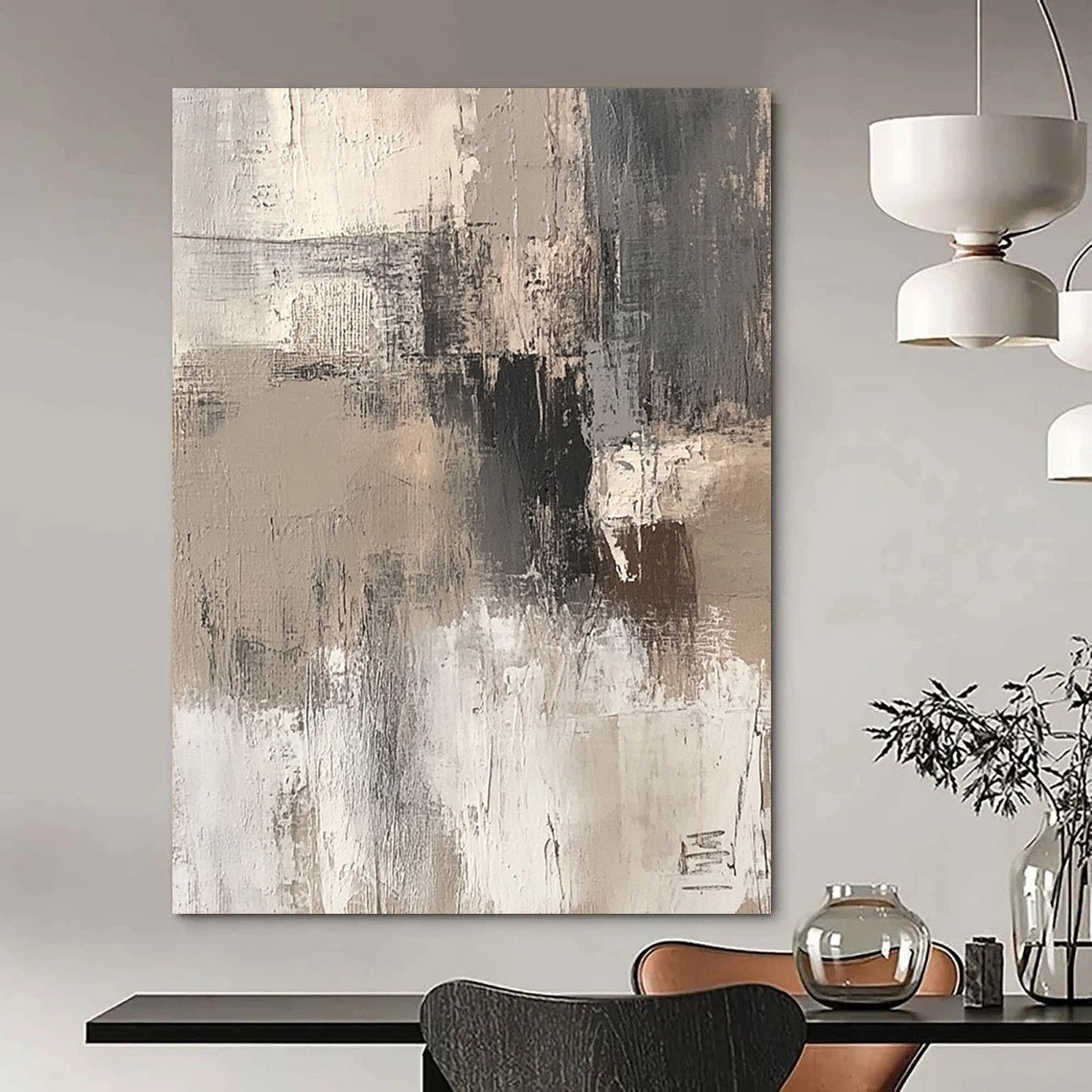 Contemporary hand-painted abstract art features beige and white brushstrokes on a textured gray background for a dreamy rustic charm. DLZ1133