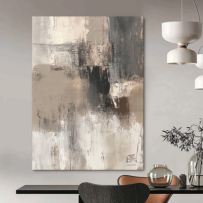 Contemporary hand-painted abstract art features beige and white brushstrokes on a textured gray background for a dreamy rustic charm. DLZ1133