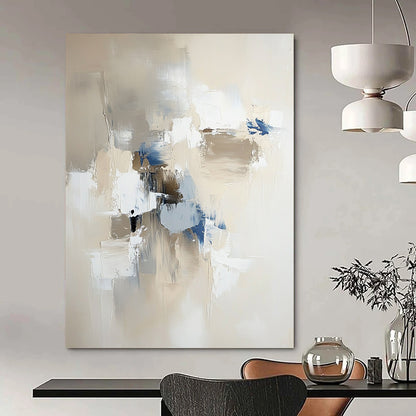 Contemporary abstract painting in neutral tones with blue and gray accents featuring bold brush strokes and soft edges for a modern aesthetic. DLZ0562