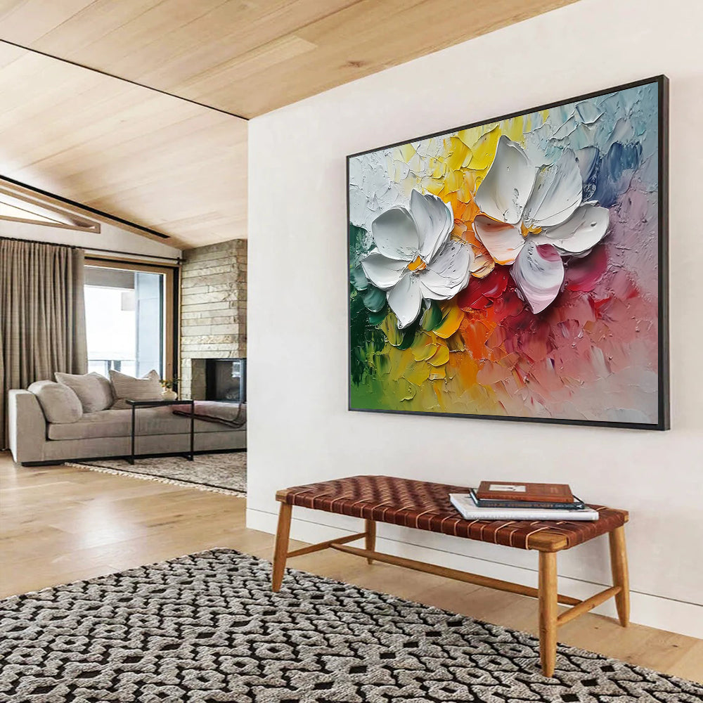 “3D White Flowers on Colorful Background” - White, Yellow, Red, Green, Impasto Floral Painting On Canvas HB1015
