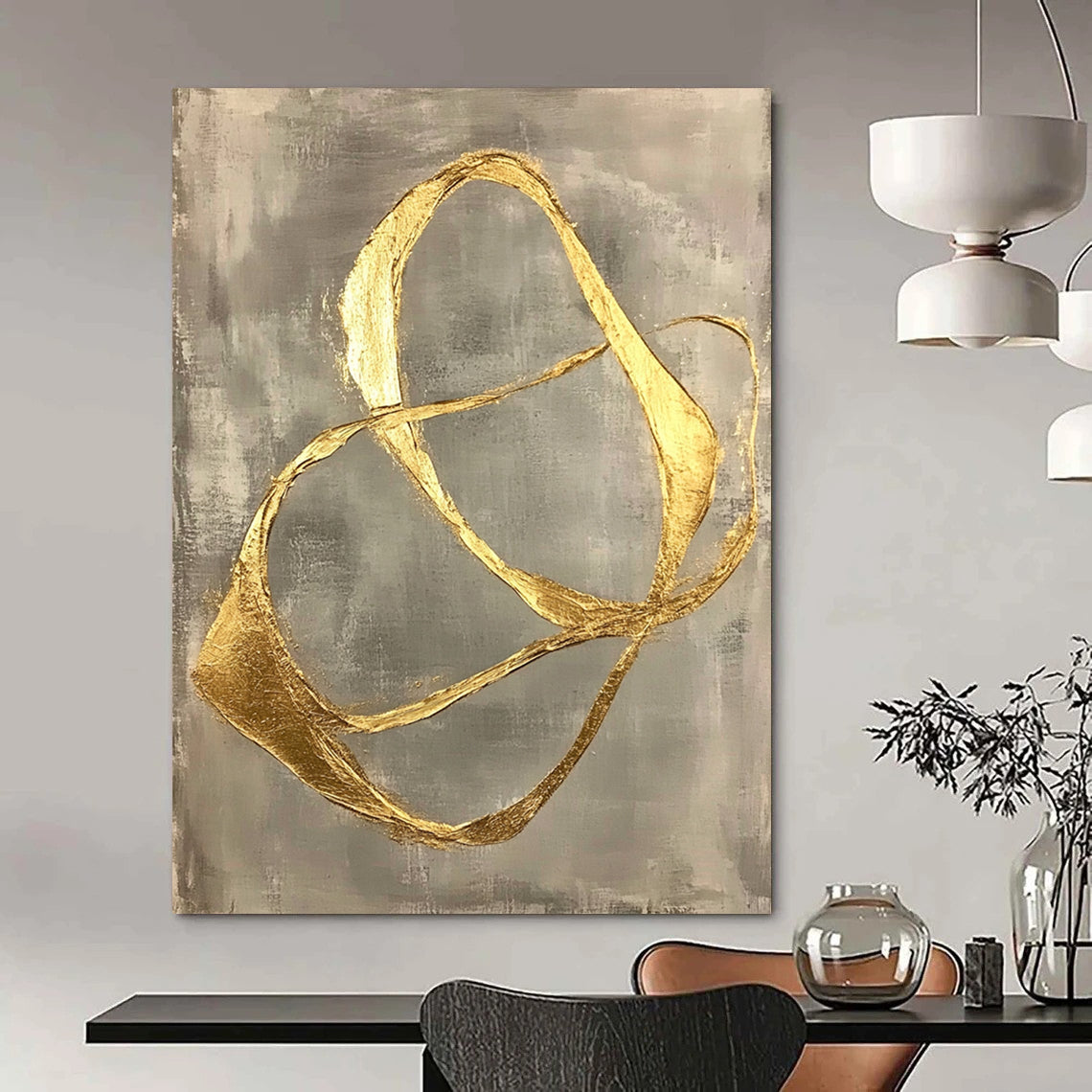 Contemporary abstract art featuring gold leaf-shaped lines on a gray background, showcasing organic forms and minimalist fluidity in a striking hand-painted design. DLZ1578
