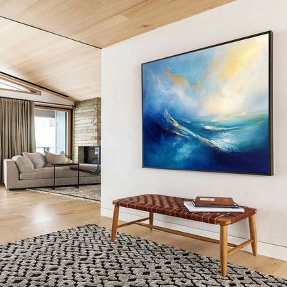 “Blue - Gold Abstract Ocean Waves” - Blue, Gold, White, Ocean Waves Painting On Canvas HB0845