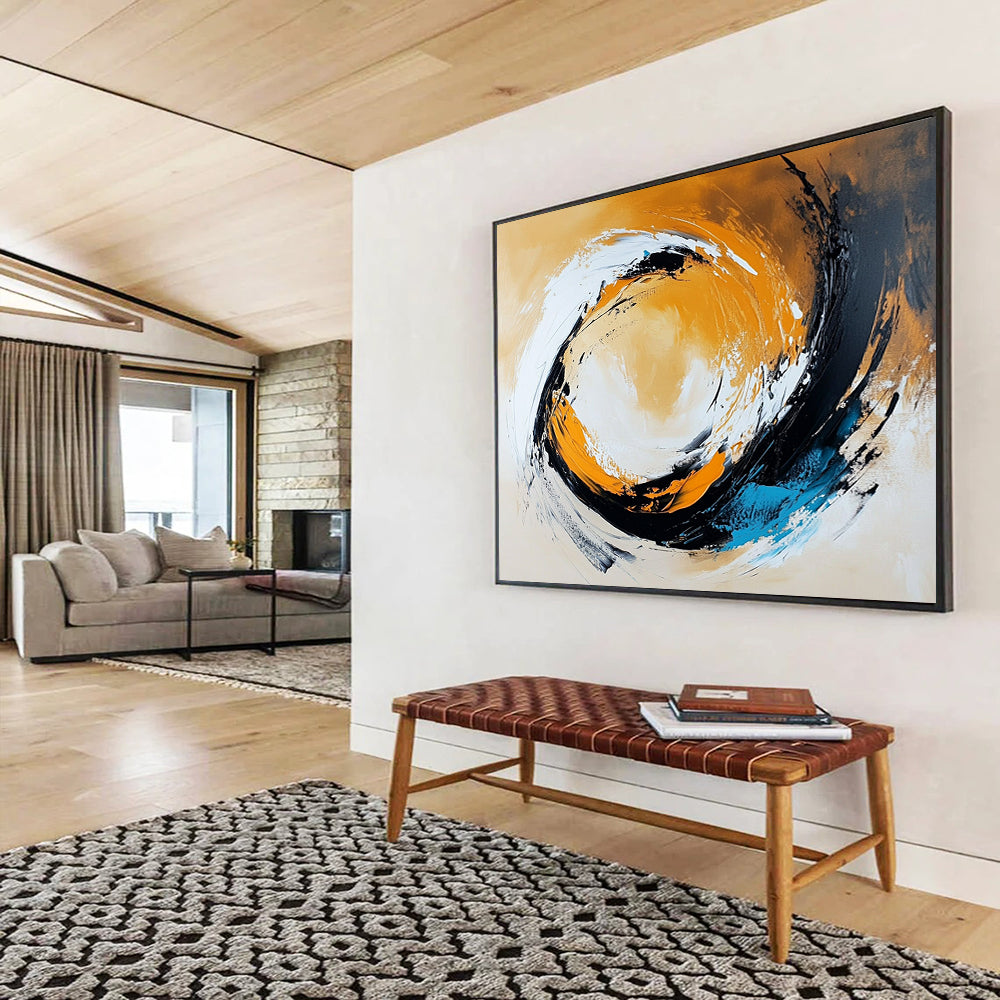 “Dynamic Swirl in Orange, Black, White, and Blue” - Orange, black, white, blue; Abstract swirling brushstrokes; Acrylic Painting On Canvas HB1232