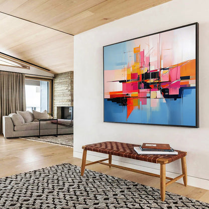 “Abstract Colorful City Geometry” - Colorful, Geometric Urban Shapes, Reflection Painting On Canvas HB0850