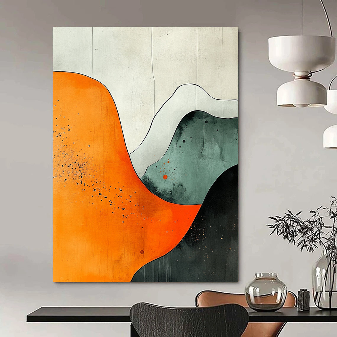 Contemporary hand-painted abstract art featuring orange white grey and black shapes with watercolor splashes on canvas texture in UHD quality. DLZ0803