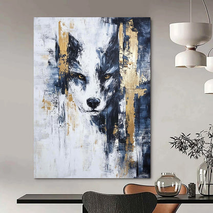 Large contemporary hand-painted abstract artwork featuring blue black white textures with intricate gold accents in a striking modern style. DLZ0359