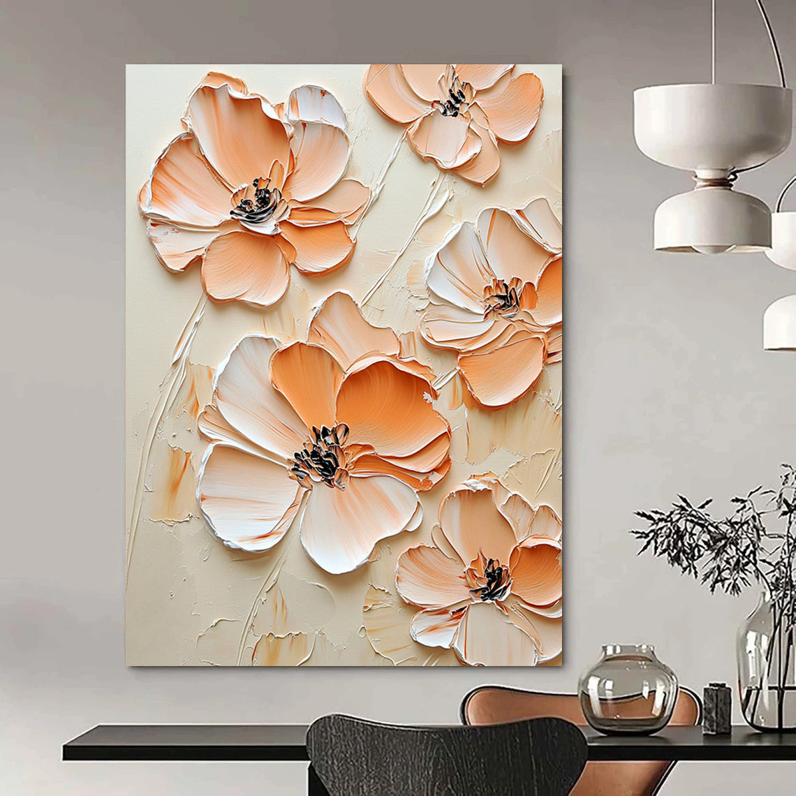 Contemporary abstract art features peach-colored flowers against a cream background with an embossed effect in beige and white for an elegant aesthetic. DLZ1688