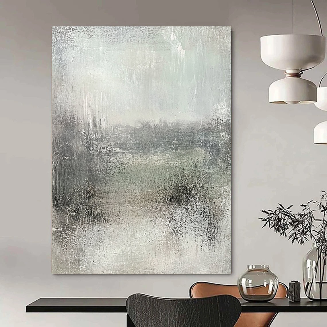 Large contemporary abstract painting featuring soft gray and subtle green hues, textured canvas evokes tranquility and nostalgia in a serene landscape. DLZ0871