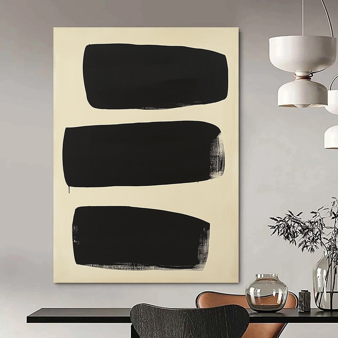 Contemporary abstract painting featuring five overlapping black shapes on a cream background inspired by Adolphus Reiffel's minimalistic style. DLZ1414