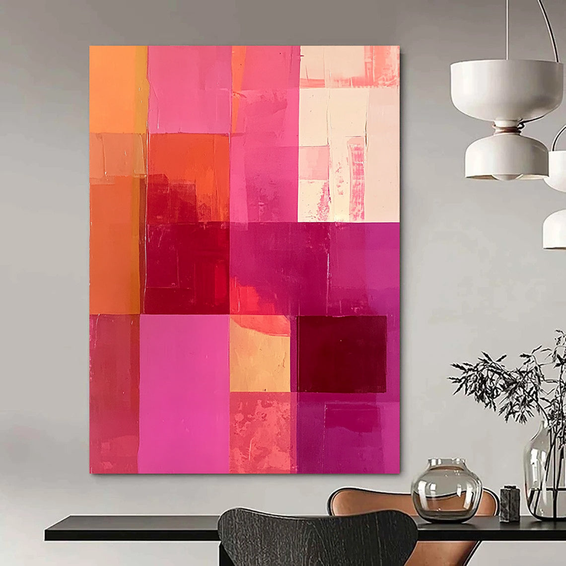 Large contemporary hand-painted abstract artwork featuring a vibrant hot pink and peach color scheme with bold squares and rectangles. DLZ1327