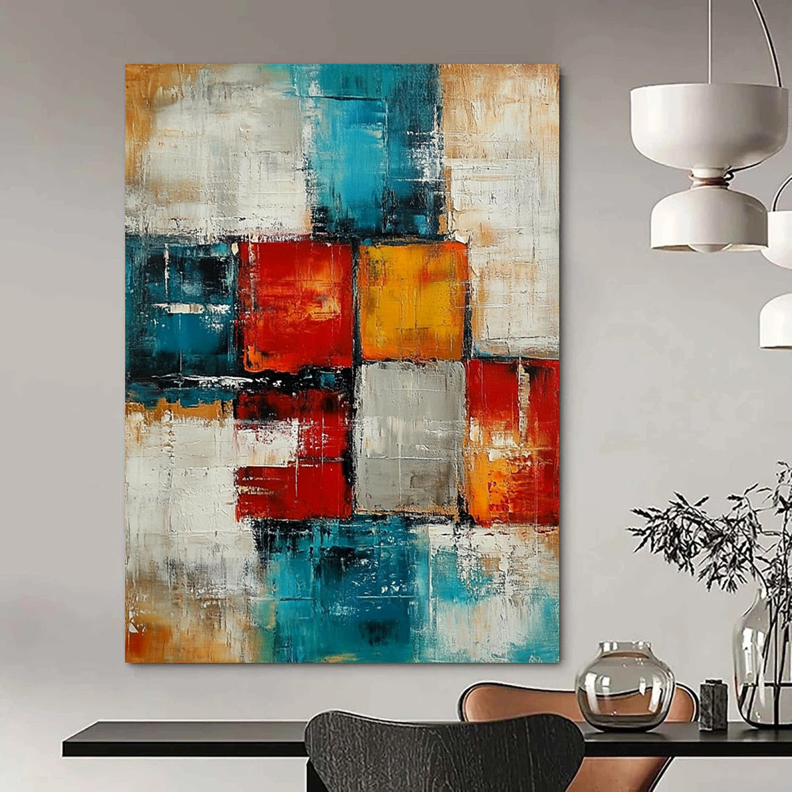 Contemporary abstract artwork featuring textured blocks and squares in teal, reds, oranges, gray, cream, and beige for a vibrant atmosphere. DLZ0478