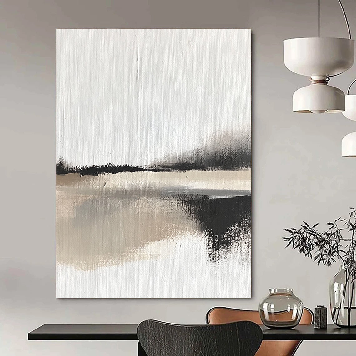 Contemporary abstract painting showcases impasto technique with bold brush strokes depicting a serene landscape and body of water in neutral tones. DLZ1349
