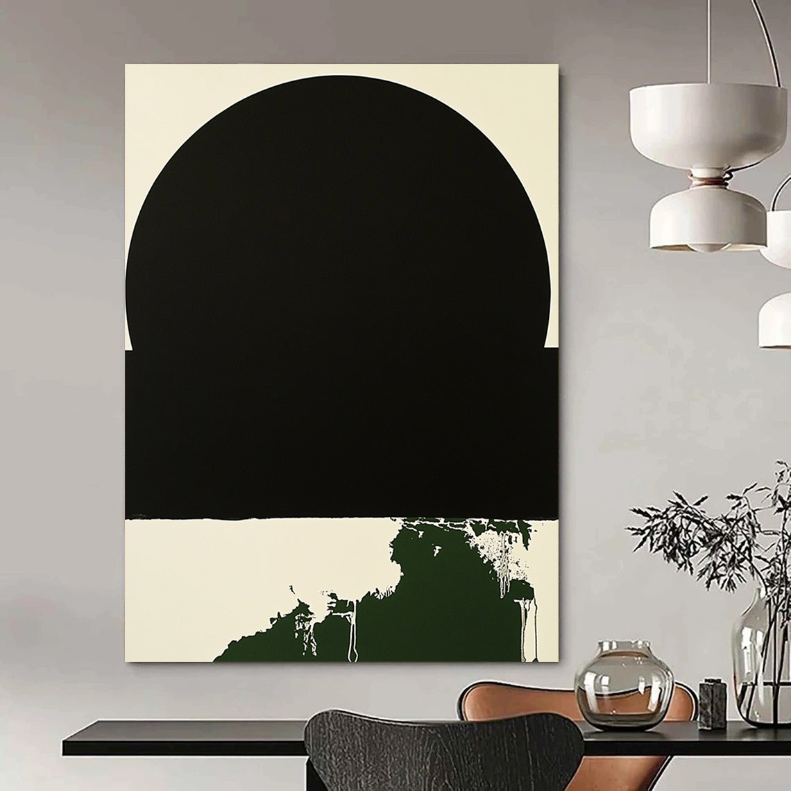 Contemporary hand-painted abstract art featuring a minimalist black circle with a white border and a small dark green splash on a black background. DLZ1382
