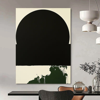 Contemporary hand-painted abstract art featuring a minimalist black circle with a white border and a small dark green splash on a black background. DLZ1382