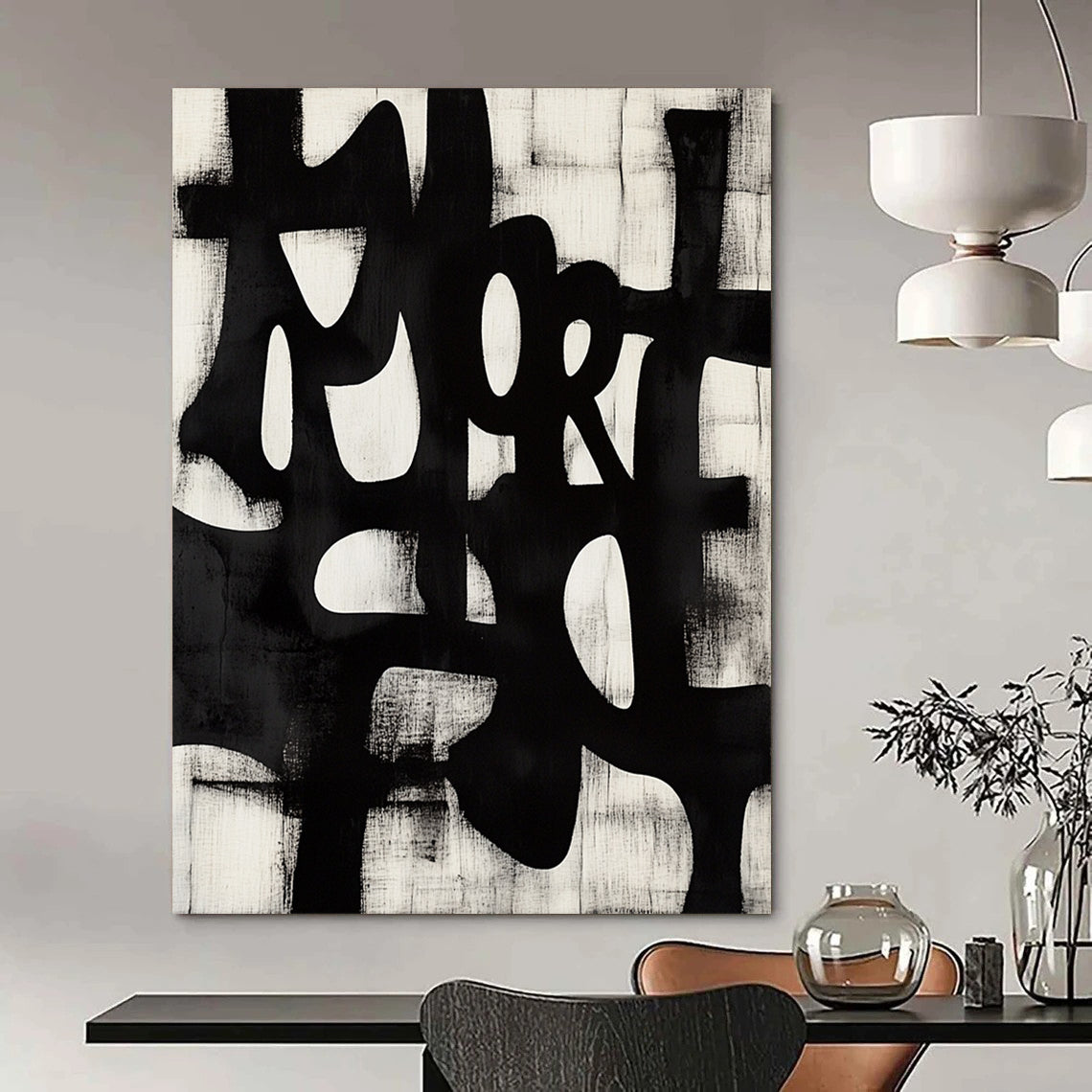 Large contemporary abstract art features bold brush strokes of "MORE" in dynamic Chinese calligraphy style set against a unique geometric background. DLZ1145