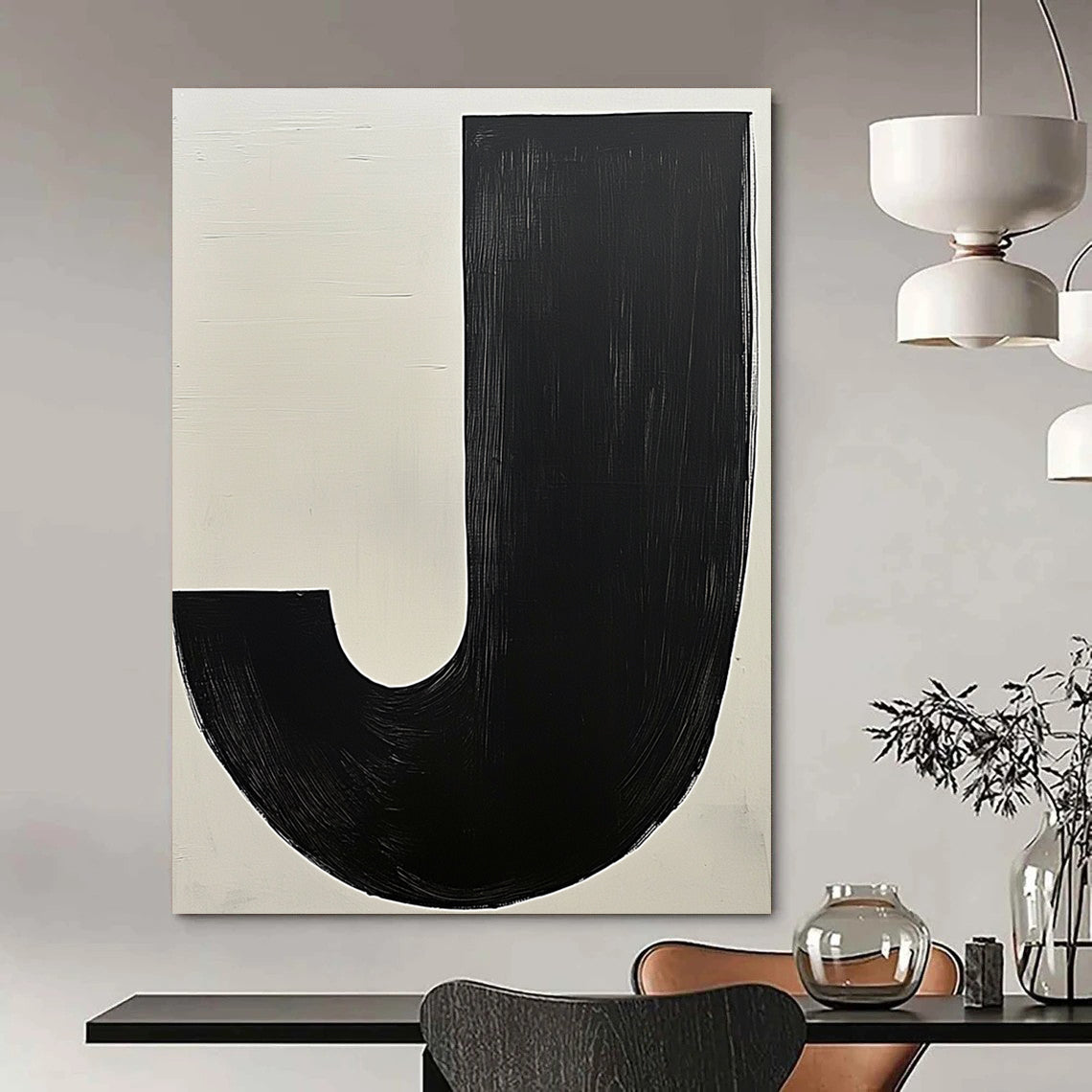 Contemporary hand-painted abstract art featuring bold black and white contrasts with a prominent beige J and a dark grey organic form. DLZ1342