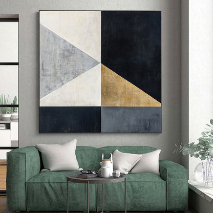 Black, White, Gray, Gold, Geometric Triangles "Gilded Triangles" Abstract Modernist Painting On Canvas HB118