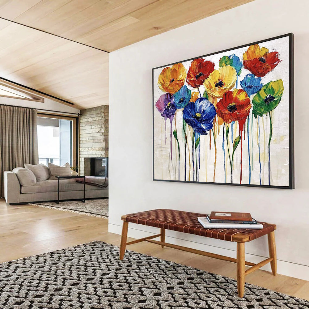 “Dripping Colorful Poppies” - Multicolor, Poppies, Dripping Paint Painting On Canvas HB0739