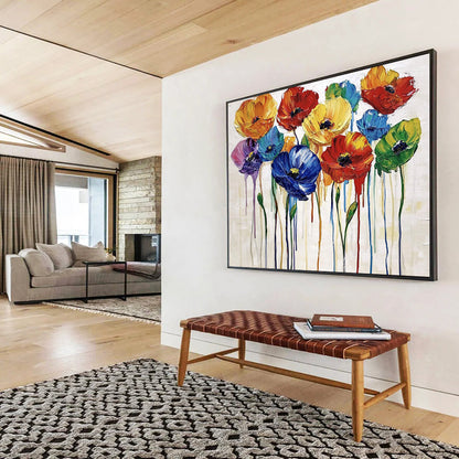 “Dripping Colorful Poppies” - Multicolor, Poppies, Dripping Paint Painting On Canvas HB0739