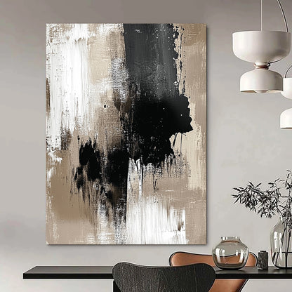 Contemporary hand-painted abstract art featuring a neutral palette of beige and black with monochromatic ink splashes for minimalist elegance. DLZ0929